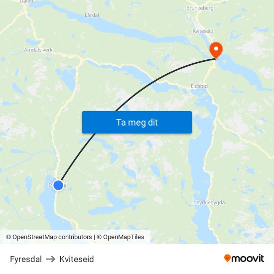 Fyresdal to Kviteseid map