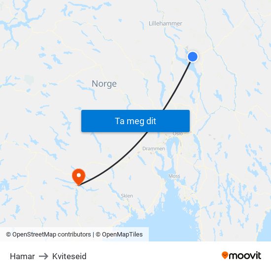 Hamar to Kviteseid map