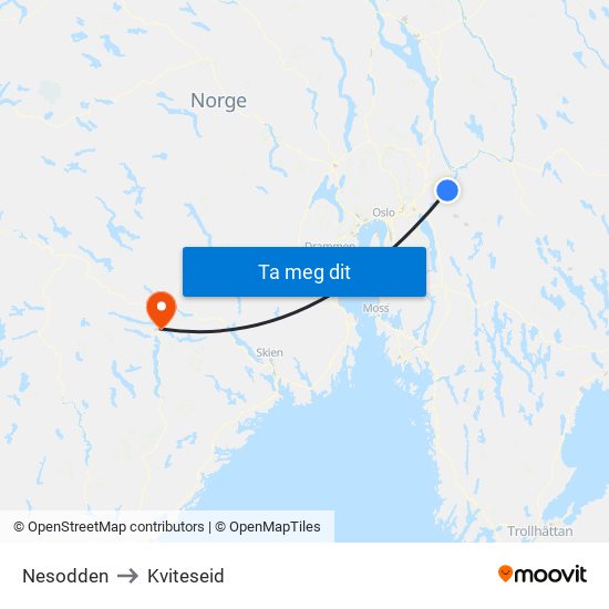 Nesodden to Kviteseid map