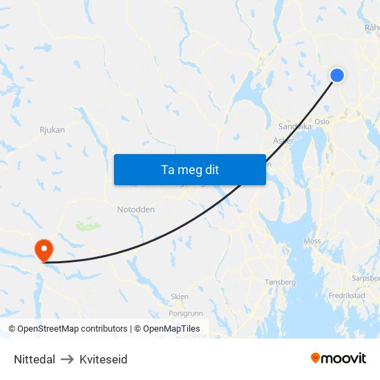 Nittedal to Kviteseid map