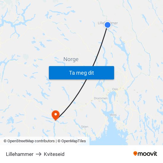 Lillehammer to Kviteseid map