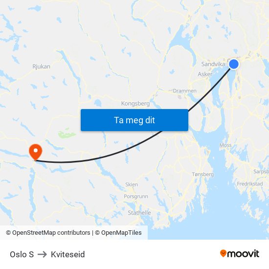 Oslo S to Kviteseid map