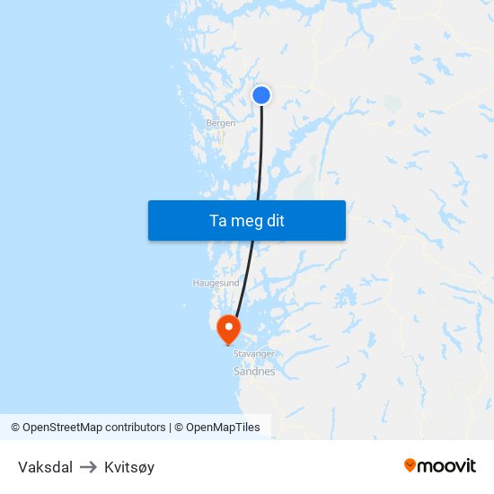 Vaksdal to Kvitsøy map