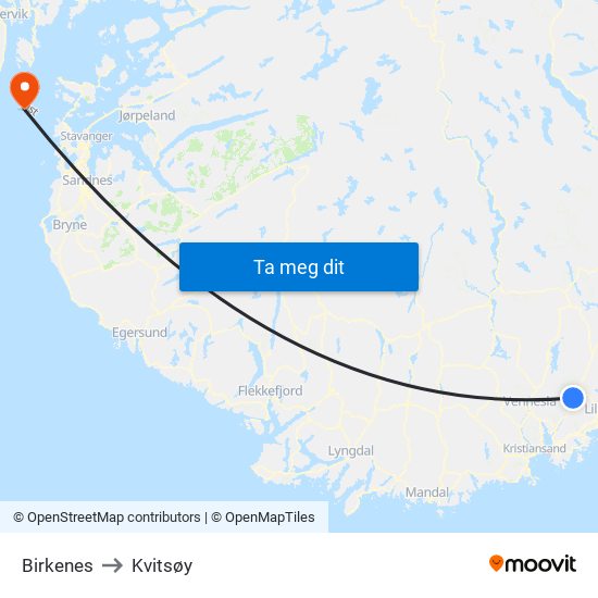 Birkenes to Kvitsøy map