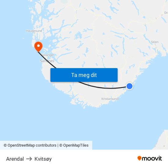Arendal to Kvitsøy map