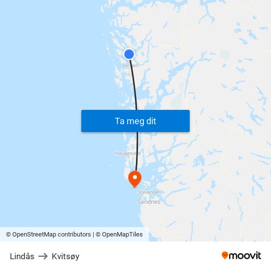 Lindås to Kvitsøy map