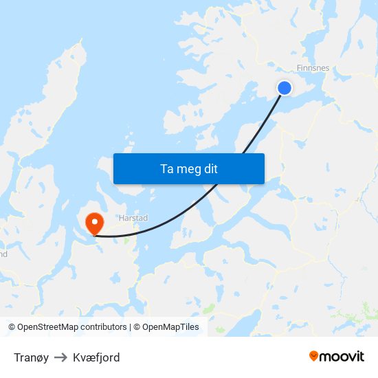 Tranøy to Kvæfjord map