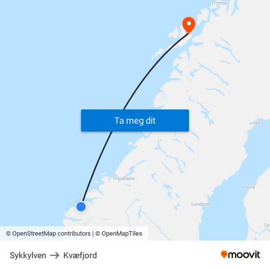 Sykkylven to Kvæfjord map