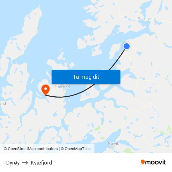 Dyrøy to Kvæfjord map