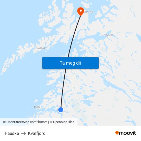 Fauske to Kvæfjord map