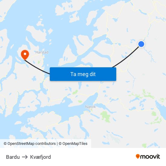 Bardu to Kvæfjord map
