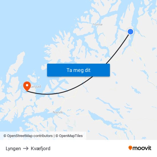 Lyngen to Kvæfjord map