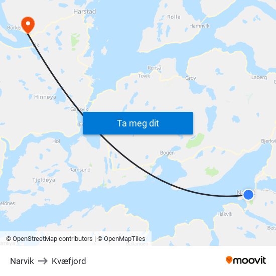 Narvik to Kvæfjord map