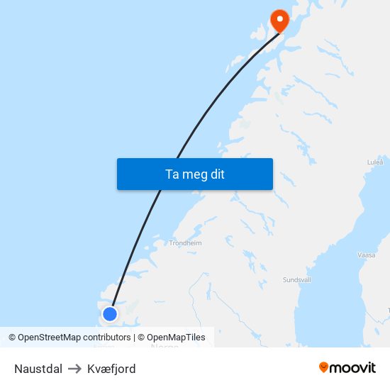 Naustdal to Kvæfjord map