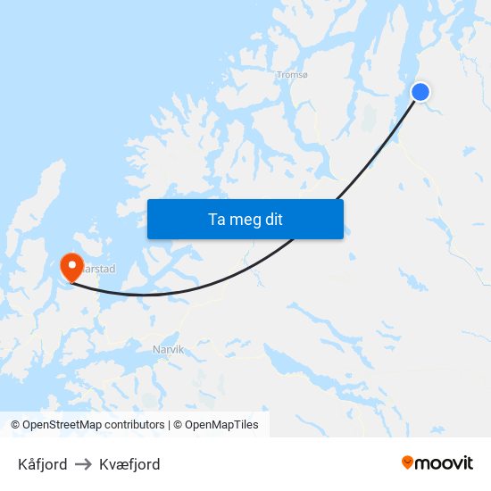 Kåfjord to Kvæfjord map