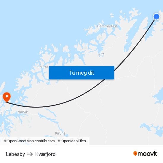 Lebesby to Kvæfjord map