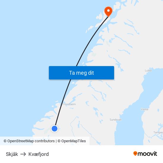 Skjåk to Kvæfjord map