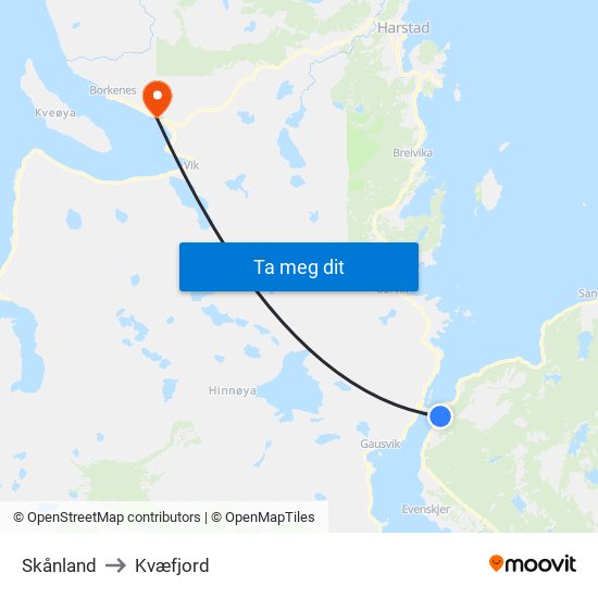Skånland to Kvæfjord map