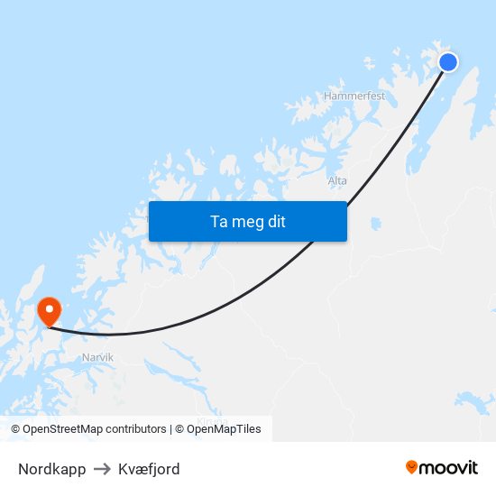 Nordkapp to Kvæfjord map