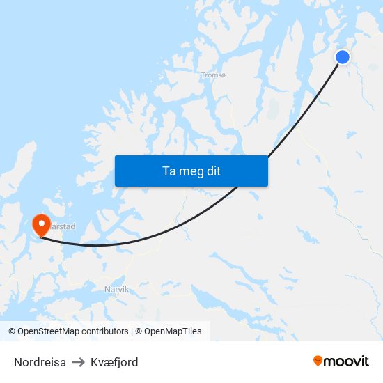 Nordreisa to Kvæfjord map
