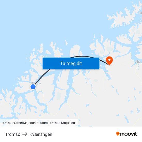 Tromsø to Kvænangen map