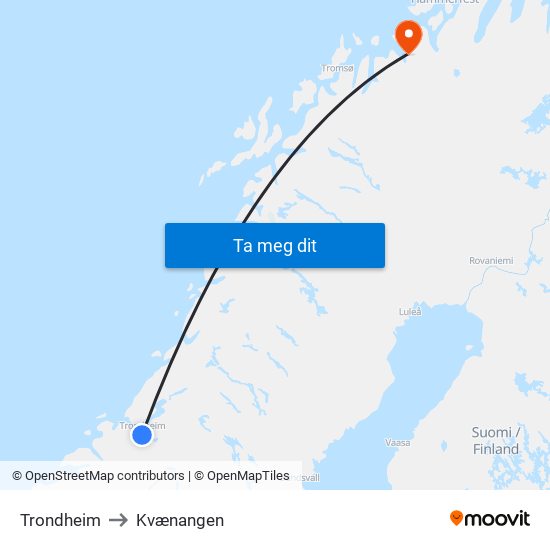 Trondheim to Kvænangen map