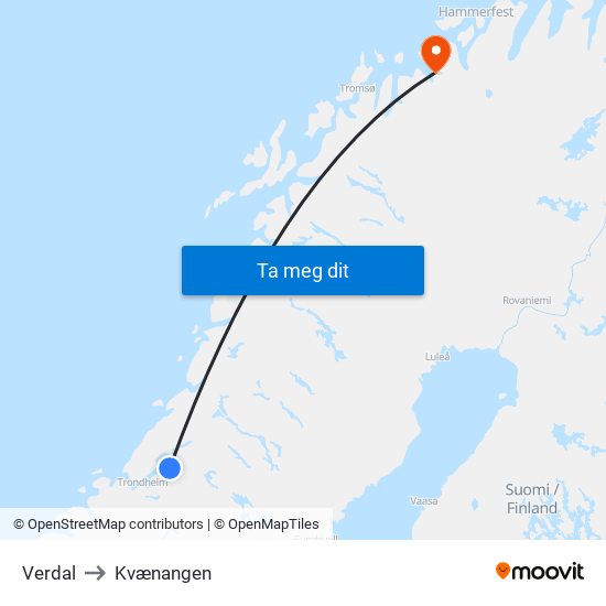 Verdal to Kvænangen map