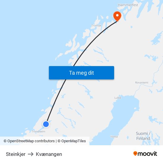 Steinkjer to Kvænangen map