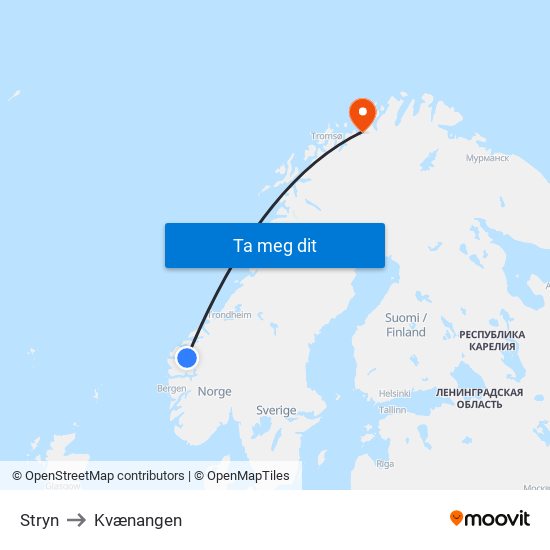 Stryn to Kvænangen map