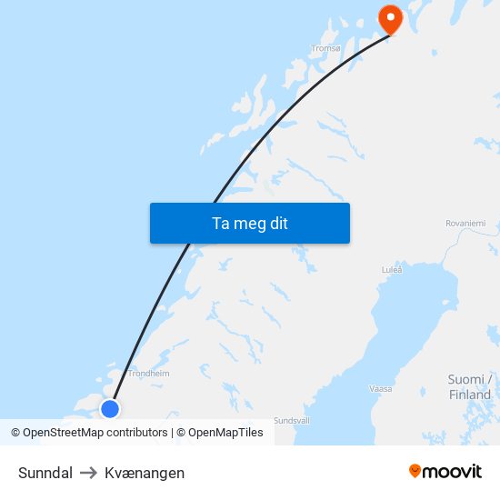 Sunndal to Kvænangen map