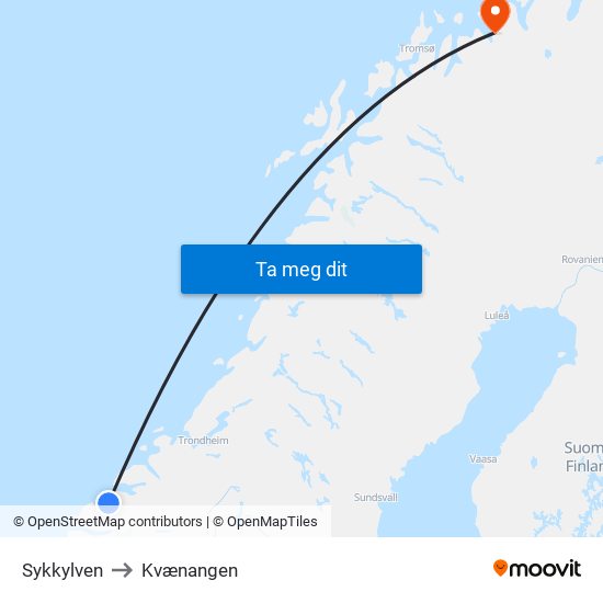 Sykkylven to Kvænangen map