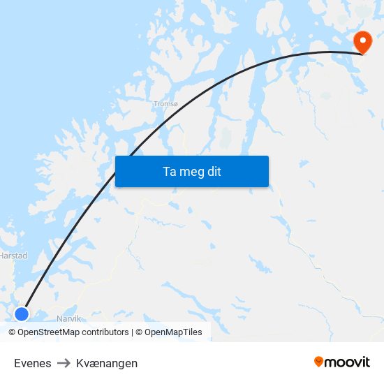 Evenes to Kvænangen map
