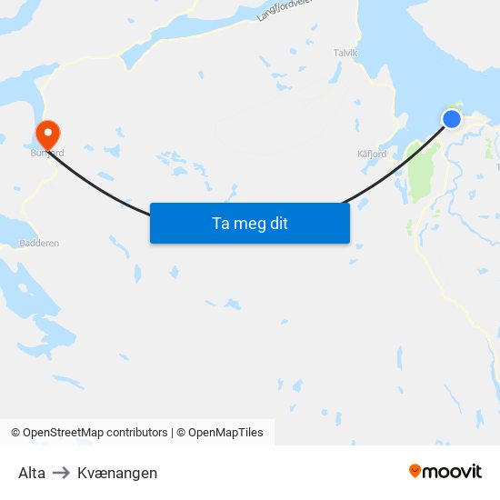 Alta to Kvænangen map