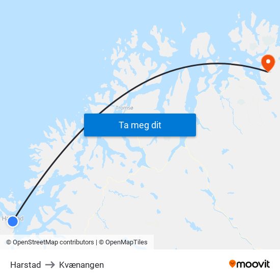 Harstad to Kvænangen map