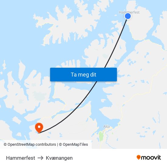 Hammerfest to Kvænangen map