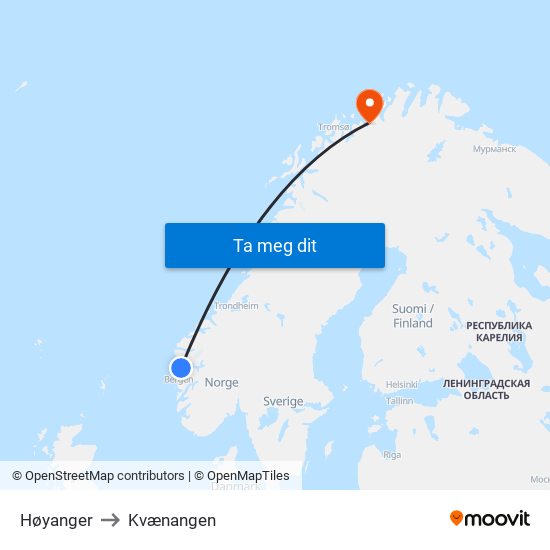 Høyanger to Kvænangen map