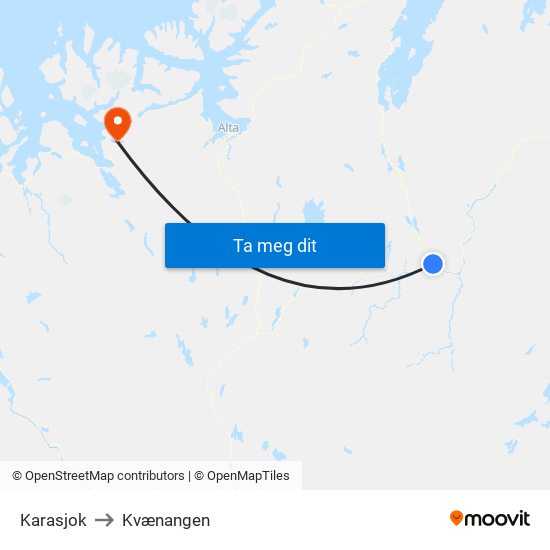 Karasjok to Kvænangen map