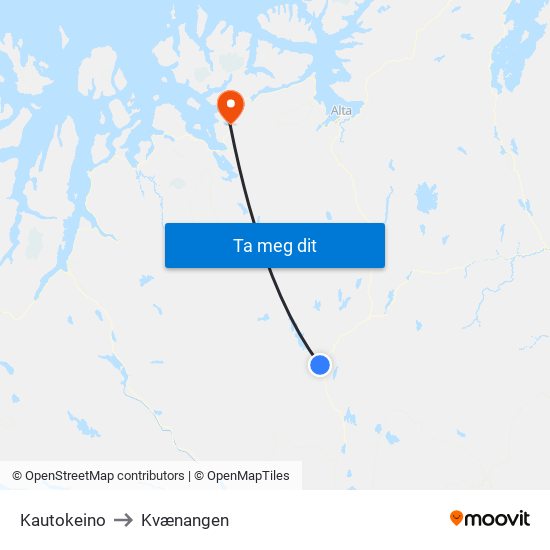 Kautokeino to Kvænangen map