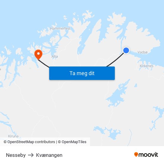 Nesseby to Kvænangen map