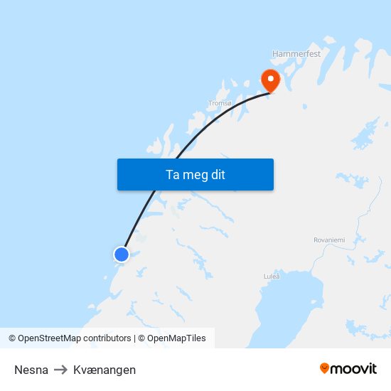 Nesna to Kvænangen map