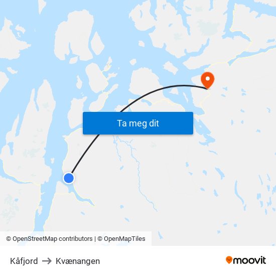 Kåfjord to Kvænangen map