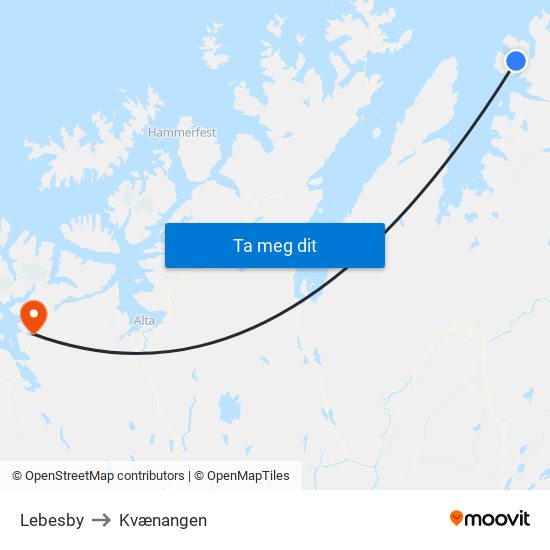 Lebesby to Kvænangen map