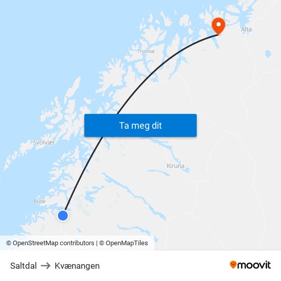 Saltdal to Kvænangen map