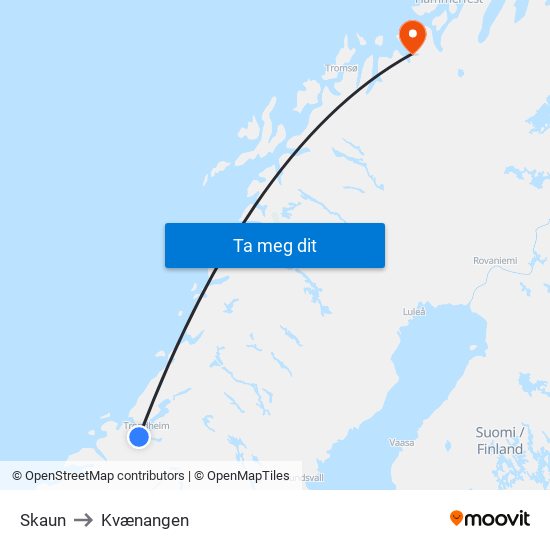 Skaun to Kvænangen map