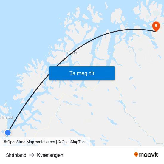 Skånland to Kvænangen map