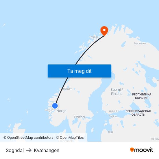 Sogndal to Kvænangen map