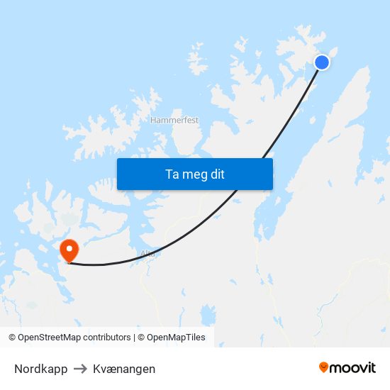 Nordkapp to Kvænangen map