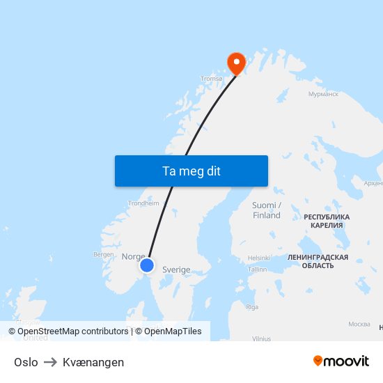 Oslo to Kvænangen map