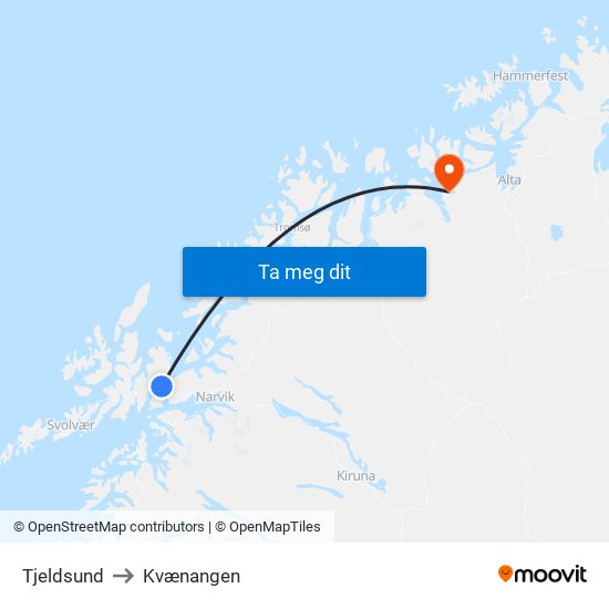 Tjeldsund to Kvænangen map