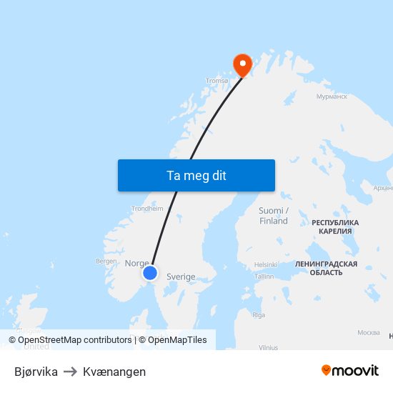 Bjørvika to Kvænangen map